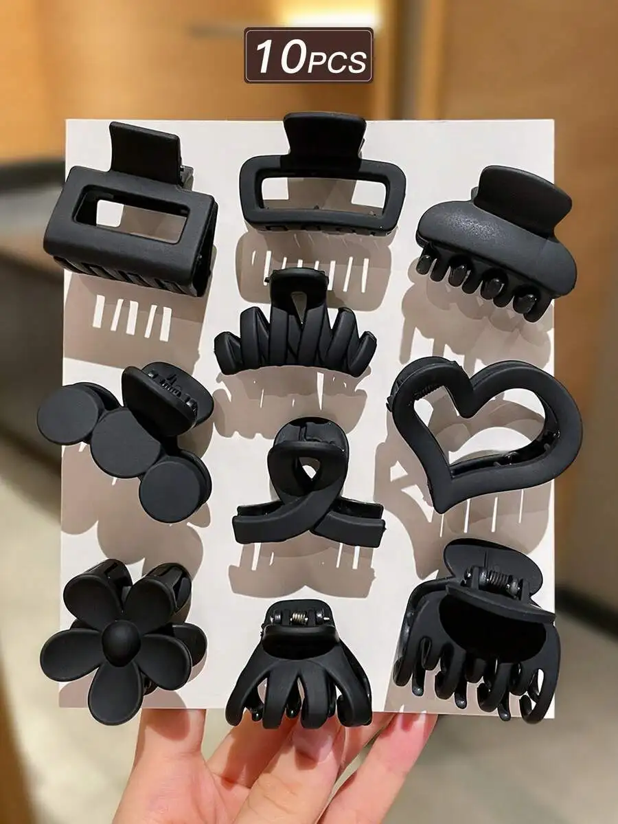 

10pcs Black Matte Hair Claws For Women, Versatile Hair Accessories, Minimalist Style, Flower Heart Rectangle Clips
