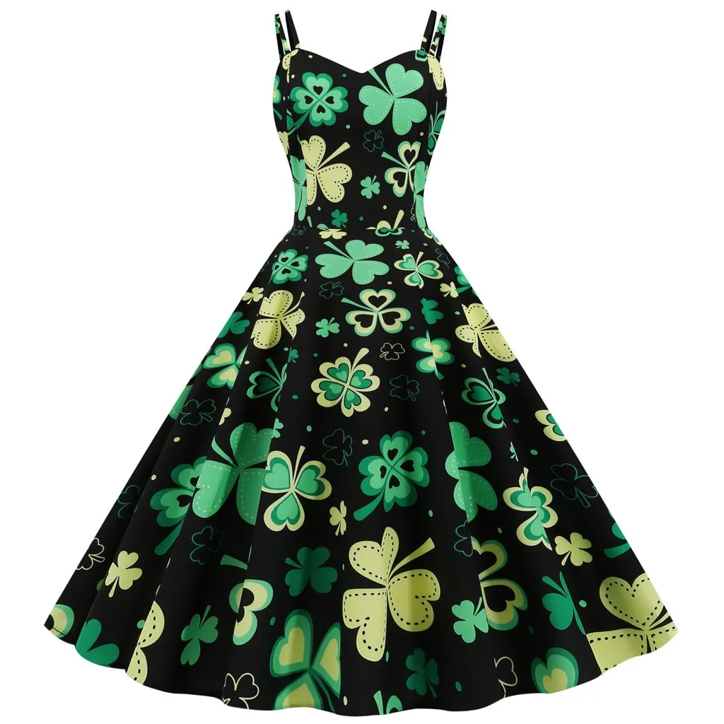 

St. Patrick's Day St. Patrick's Day Women Evening Print Party Prom Strap Big Swing Dress Graphic Green Carnival Festival