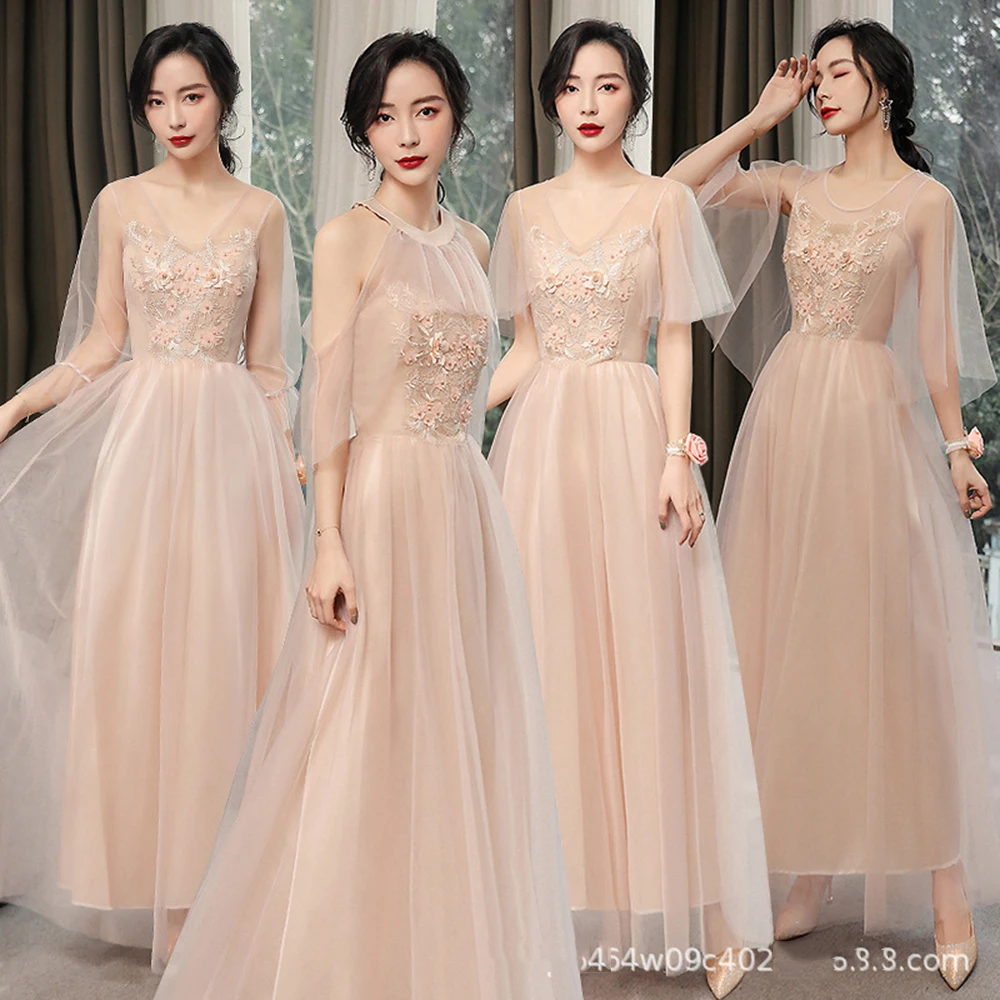 

Temperament Pink Bridesmaid Dress Women's Classic Tulle Wedding Sisters Group Dresses ExquisiteApplique Simple A-Line Party Gown