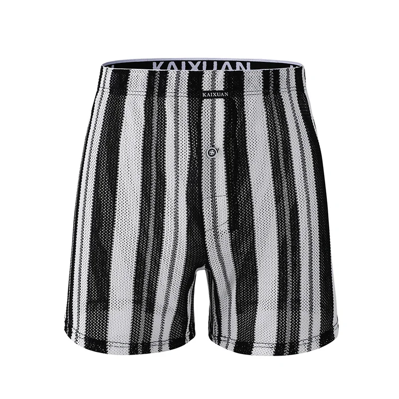 Men's Breathable Mesh Striped Sleep Shorts, Loose Fit Home Boxers