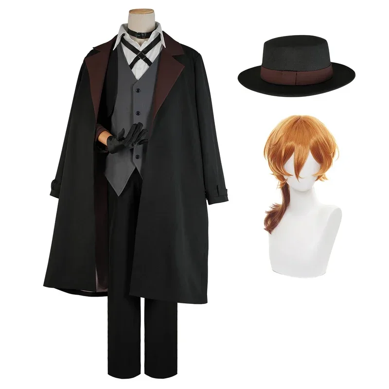 

N66holoun Bungo anime Nakahara chuuya cosplay costume wig oversize lining coat elastic pants shirt vest hat gloves choker da2w $