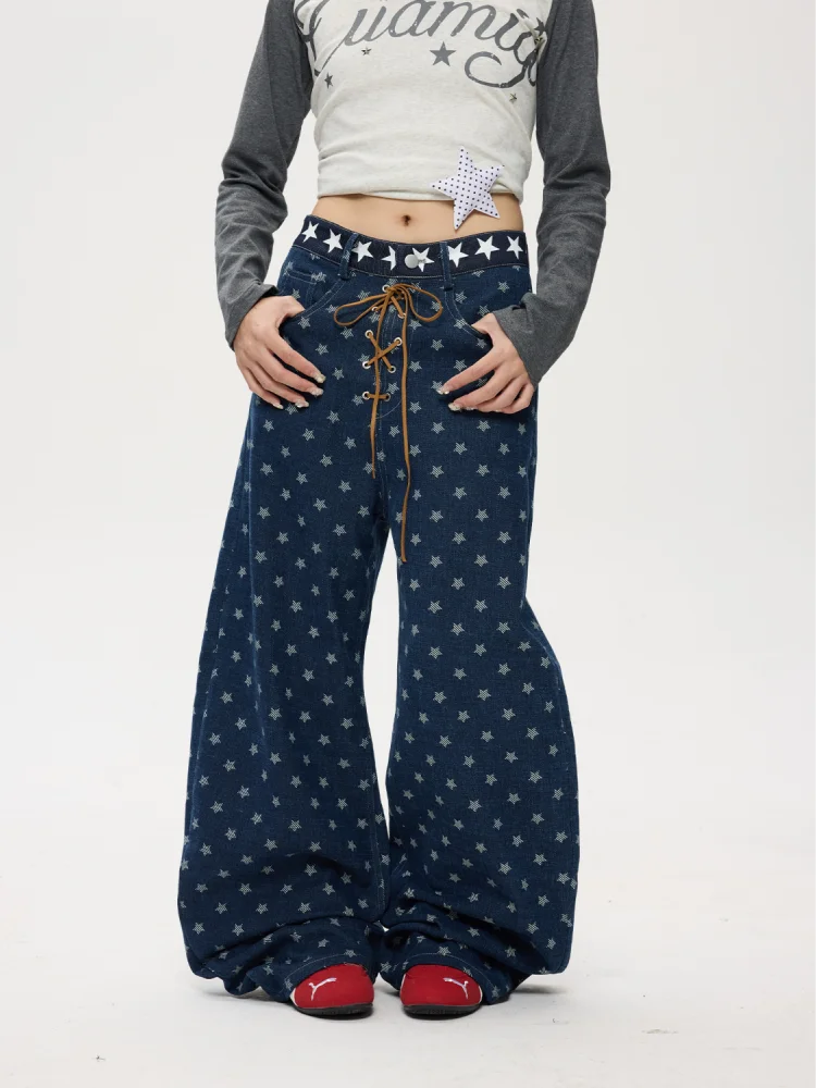 2025 American Retro Y2K Style Full Star Printed Baggy Women's Jeans Pants Woman Clothing Straight Cotton Gothic Denim Trousers
