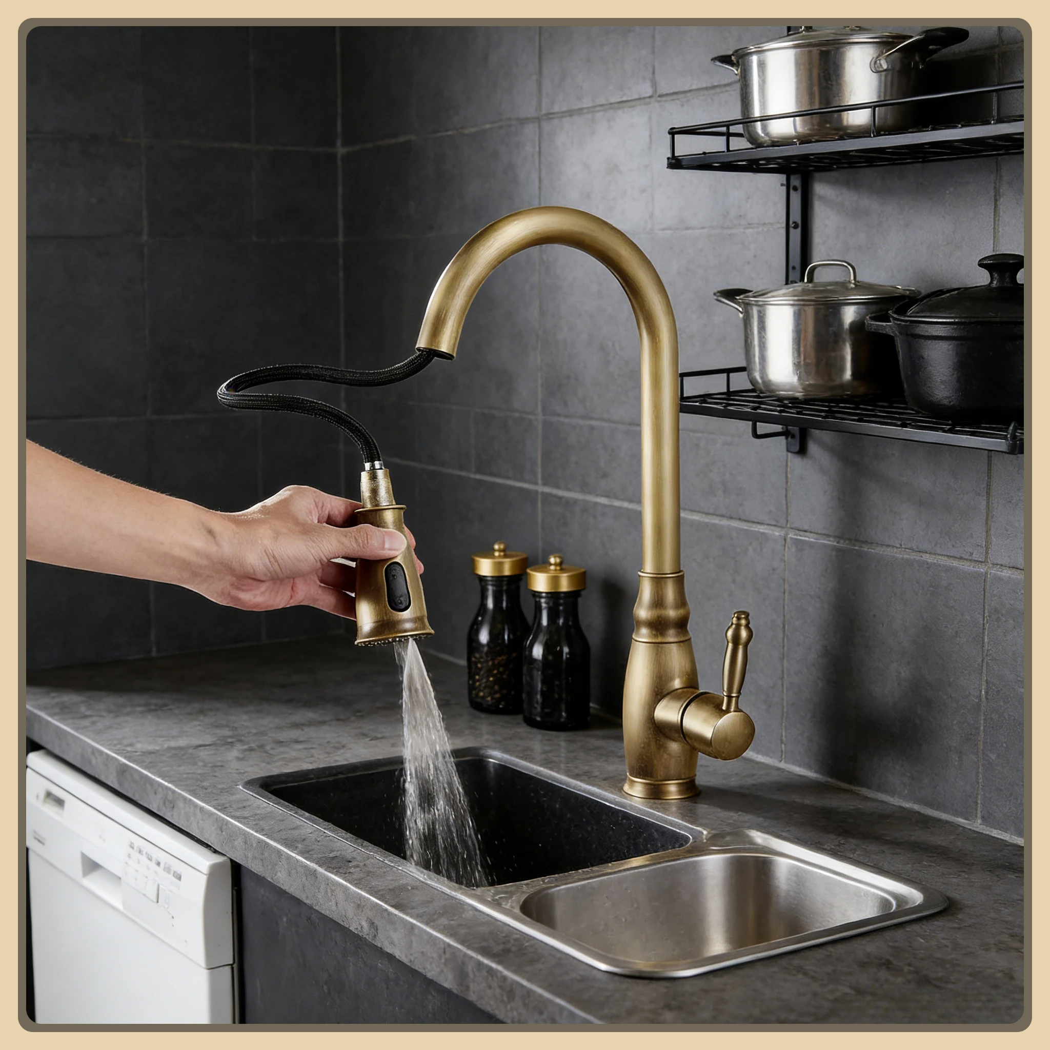 

Телескопический вращающийся выдвижной латунный антикварный кухонный смеситель - брызгозащищенный для горячей и холодной воды с одним отверстием для бытовой овощной мойки