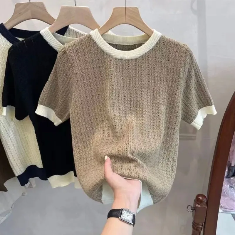 short sleeve sweaters women all-match spring fashion korean style streetwear comfortable office lady o-neck loose Thread solid