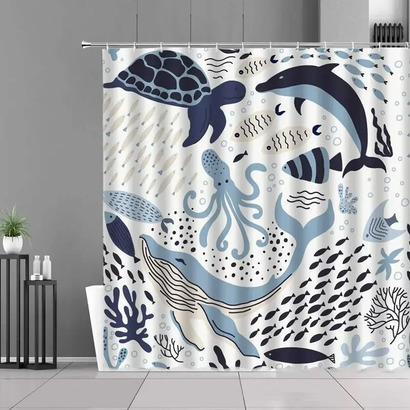 Cartoon Sea Animal Shower Curtain Set Kids Abstract Funny Ocean Whale Turtle Dolphin Octopus Fish Fabric Bathroom Curtains Hooks