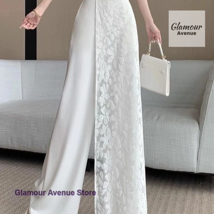 النمط الفرنسي الدانتيل خياطة عالية الخصر واسعة الساق السراويل النسائية الصيف رقيقة أزياء وهمية قطعتين من السراويل الطويلة جوكر عارضة.