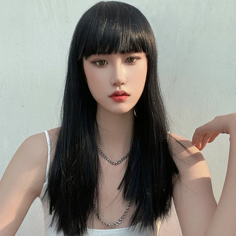 Black mid-length straight synthetic wig - Halloween party cosplay role-playing wig - Daily wig - Heat-resistant hairpiece