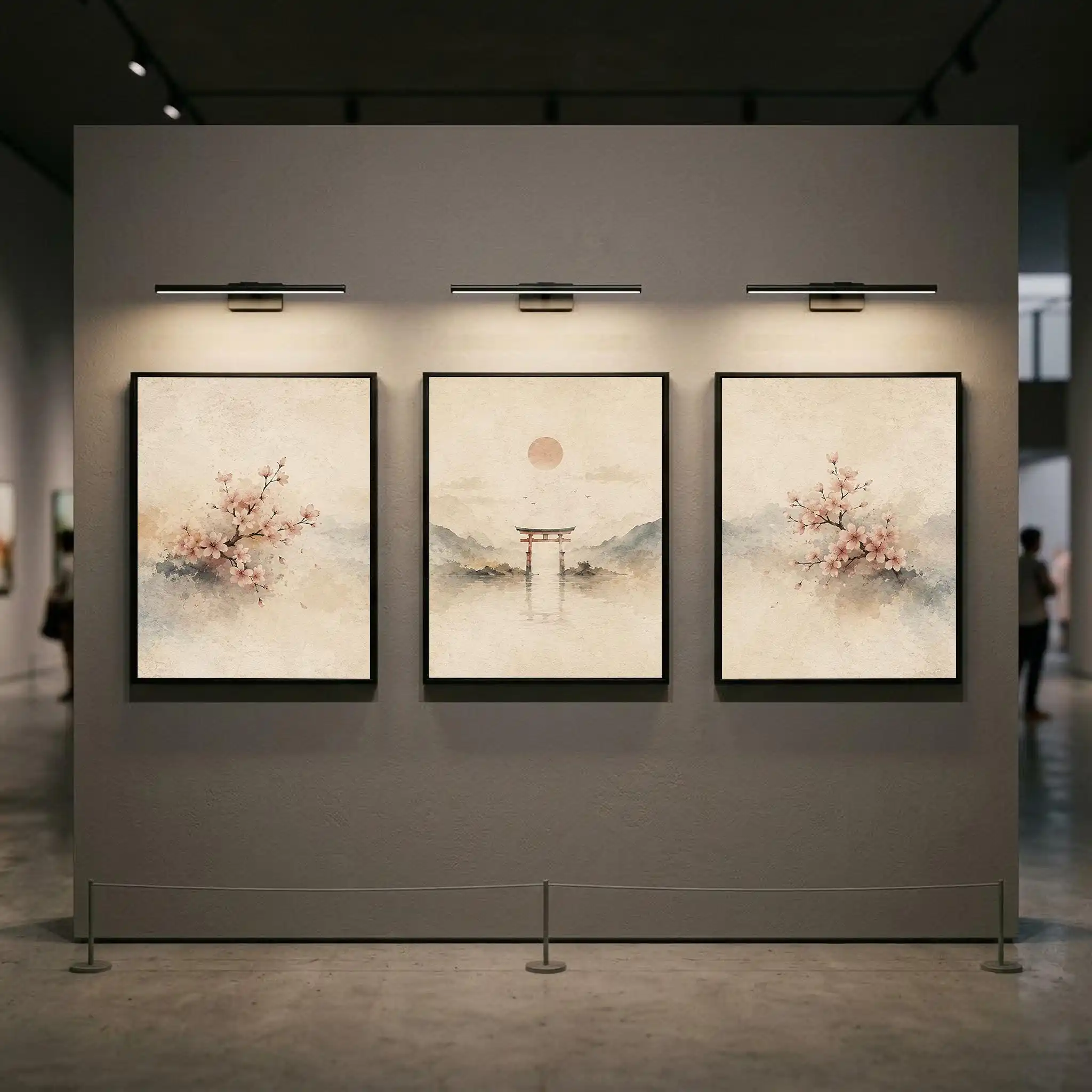 3pcs frameless Canvas Painting 3Pcs Japandi Wabi Sabi Wall Art,Soft Watercolor Cherry Blossom Torii Gate Mountain Canvas Prints,