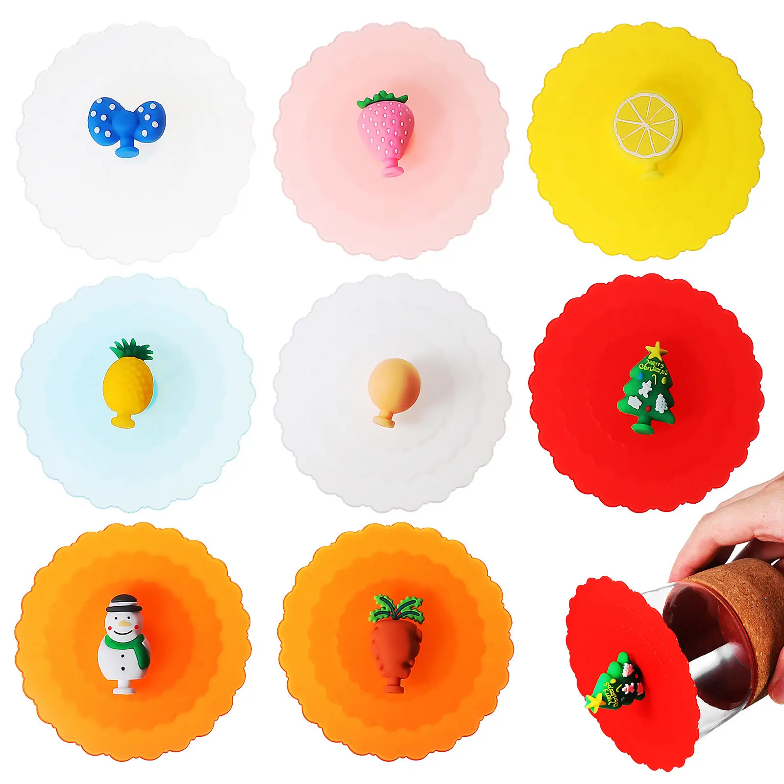 

8Pcs Silicone Cup Lids Dustproof Reusable Mug Covers Cute Cartoon Fruit Shapes Food Grade Safe for All Cups Glasses Home