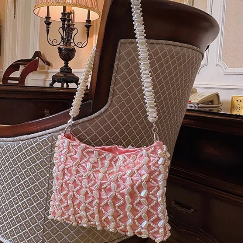 

New Hand Woven Irregular Bead Dinner Bag Fashionable Pearl Tote Bag Banquet Armpit Bag Women Handbag
