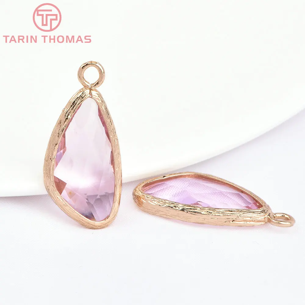 (1242)10PCS 23x11MM 24K Champagne Gold Color Brass and Glass Irregular Drop Shape Charms Pendants  Jewelry Findings Accessories
