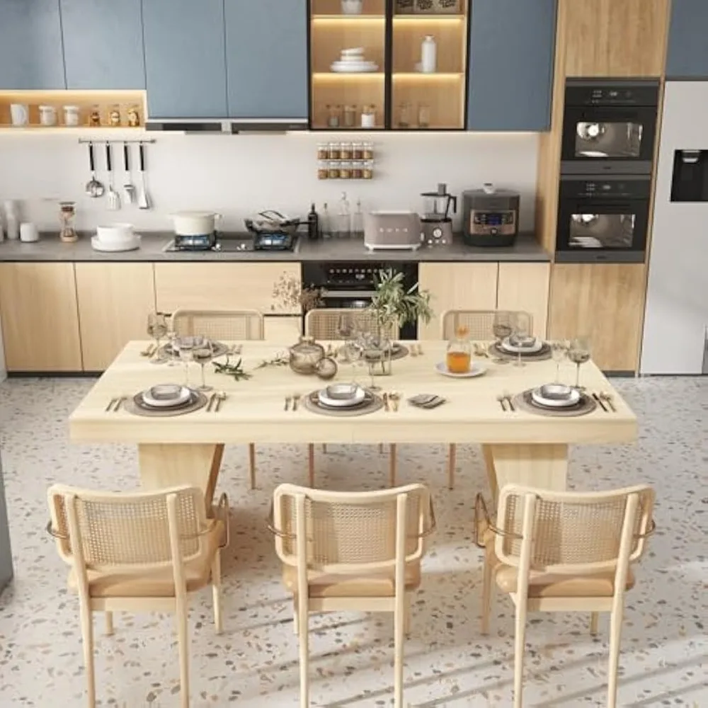 طاولة طعام 78.7 بوصة مع 4 أرفف تخزين تتسع لـ 8-10 أشخاص، طاولة عشاء خشبية حديثة لمطبخ غرفة الطعام، بلوط