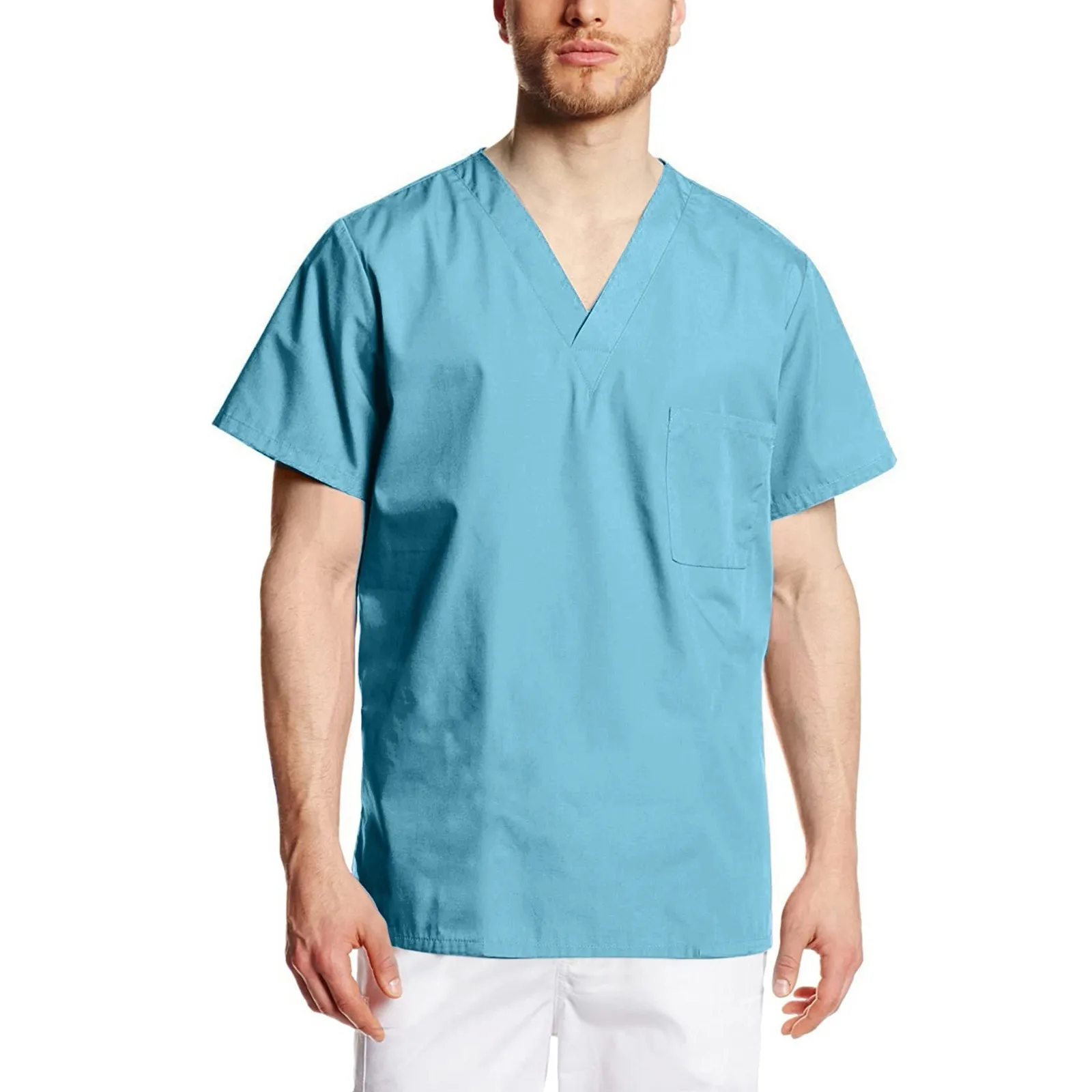 Medical Uniform Mens Nurse Tunic Scrubs Solid V Neck Short Sleeve Blouses Hospital Tops Surgical Workwear Male Dentist Tee