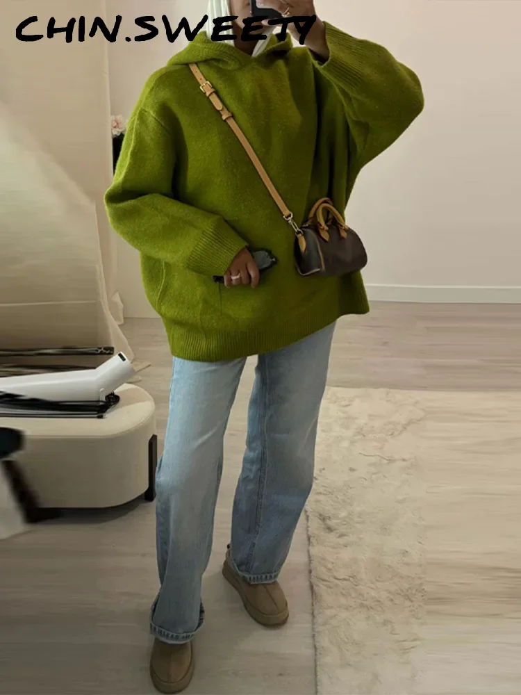 سترة نسائية محبوكة بقلنسوة غير رسمية متطابقة تمامًا مع سترة خضراء فضفاضة بأكمام كاملة وجيب للسيدات بلوفر نسائي للخريف والشتاء