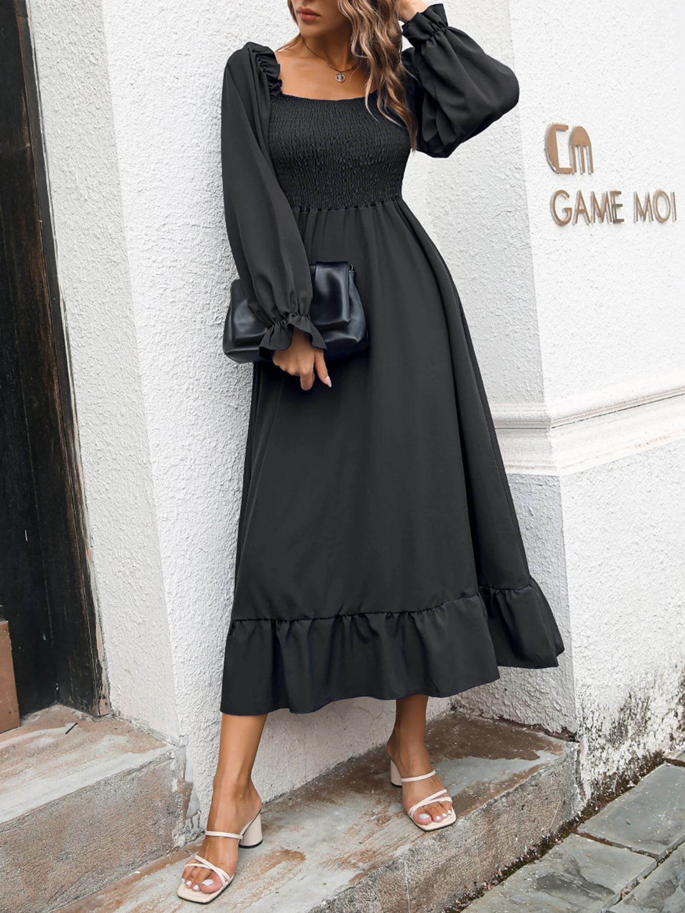 Women's K-Fashion Long Sleeve Midi Dress Autumn Winter Plain Smocking Square Neck A-Line Dress for Dating
