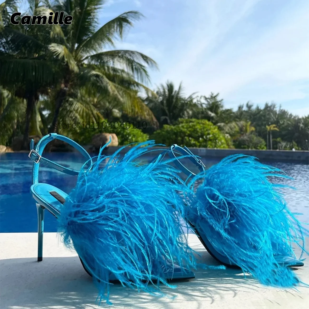 

Patent Leather High Heels Feather Ankle Strap Stiletto All-Match Size 34-40 Catwalk Style High Heels Pointed Toe Party Sandals