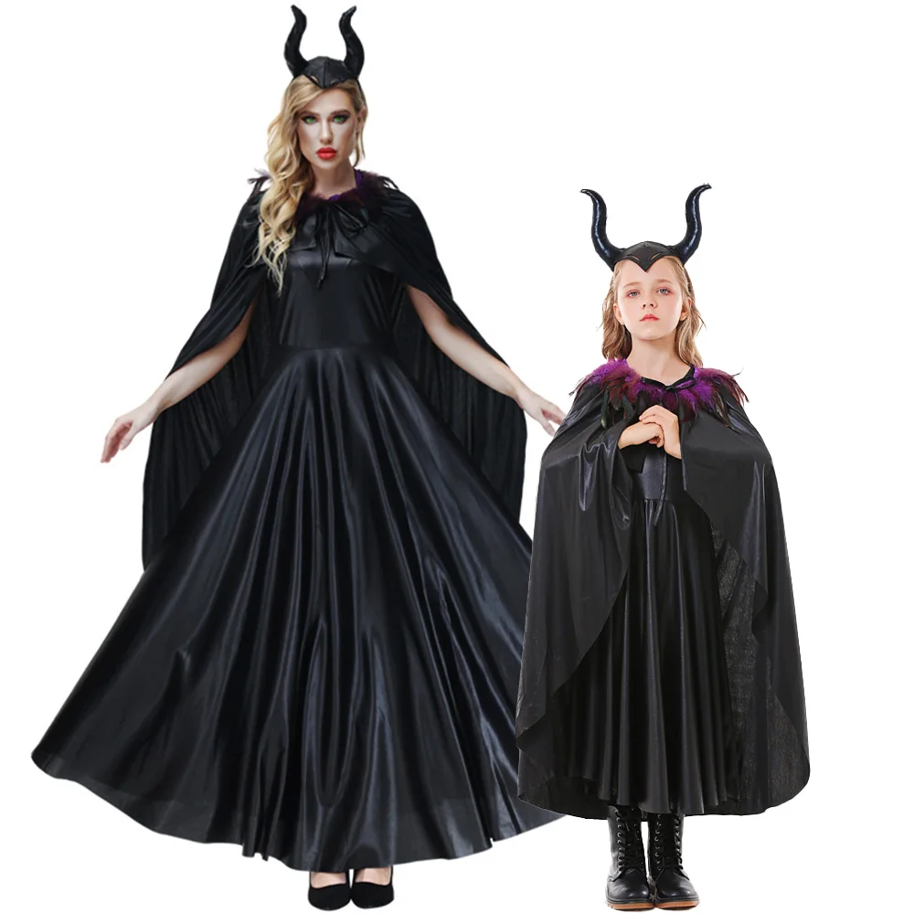 Witch Cosplay Dress Women and Girl Evil Queen Maleficent Cloak Dress Stage Show Dress Up Outfit Adult Kids Halloween Party Dress