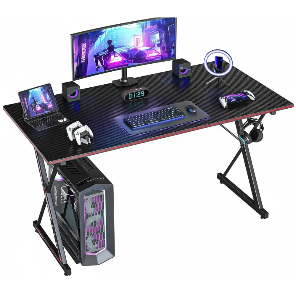 

47 Inch Carbon Fiber Gaming Desk with Headphone Hook, Adjustable Feet for PC Computer Home Office Workstation