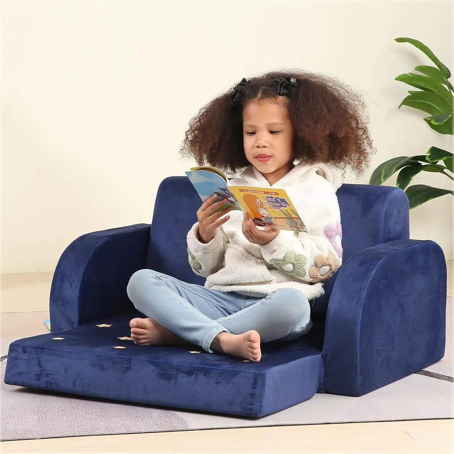 Sofá infantil 3 em 1, sofá infantil de veludo com design flip, espreguiçadeira extra larga azul marinho