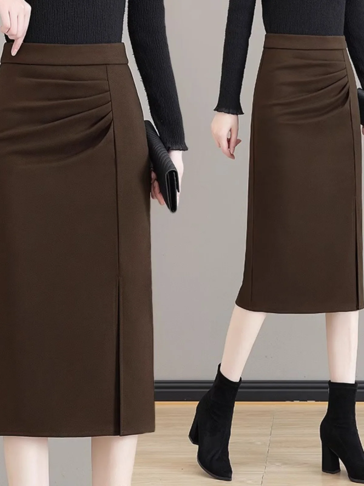 

Faionable High Waist Midi A-Line Skirt Women's Spring Autumn New Sle Winter Skirt Slit One Step Skirt Commute Pure Color