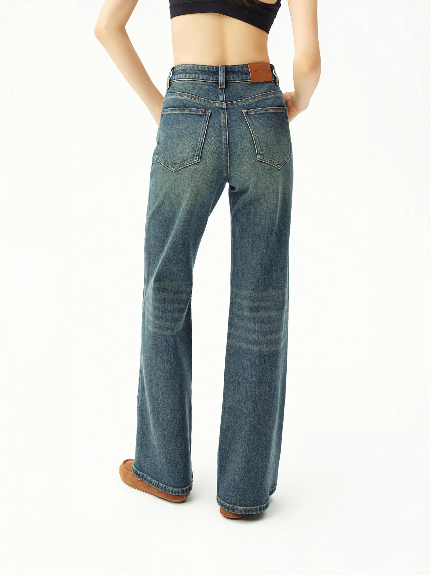 ZIQIAO 2026 Fall New Women's Vintage Washed‑Blue Lycra‑Stretch Flare Jeans High‑Waist Floor‑Length Casual Long Denim Trousers