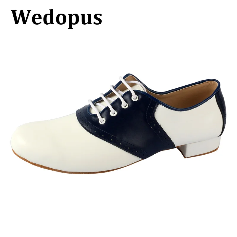 

Танцевальные туфли Wedopus из натуральной кожи с мягкой подошвой, белые/темно-синие, для латиноамериканских танцев, для мужчин, современные, стандартные, для вечеринок, на каблуке 2,5 см