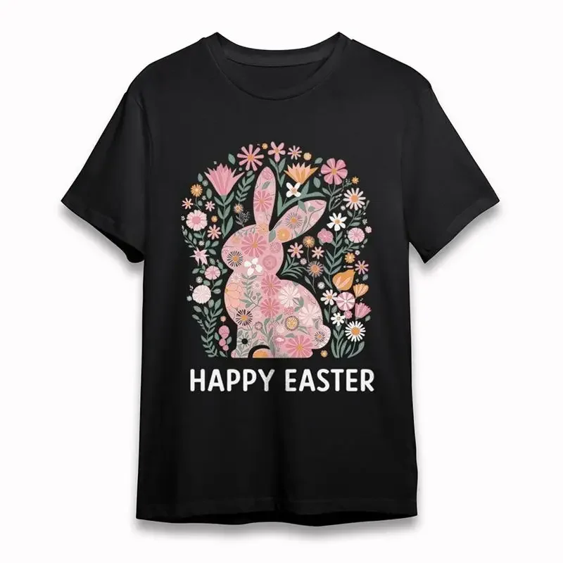 Men'S Classic T Shirt Easter Bunny Floral Collage Spring Short Black Cotton