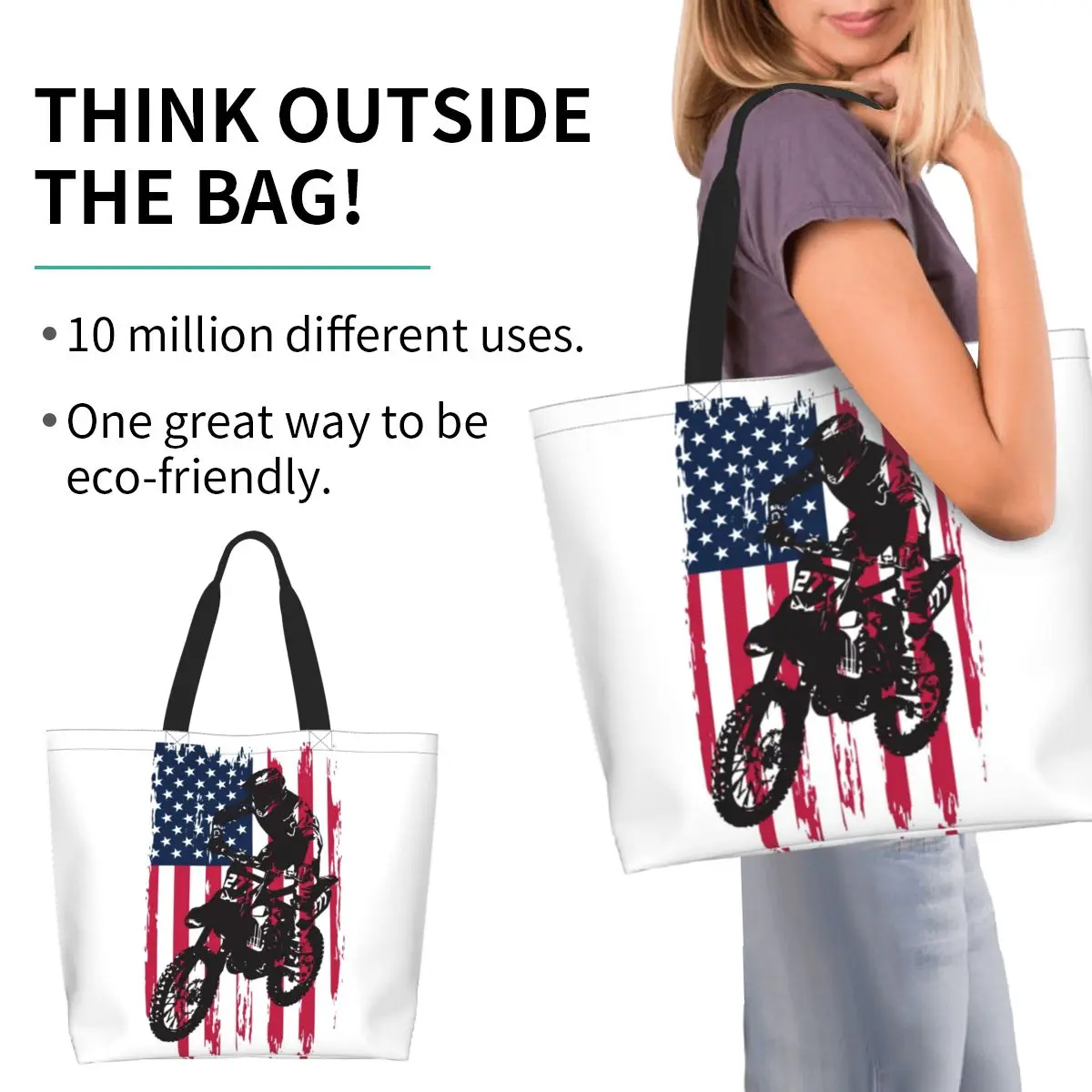 

Dirt Bike Motocross USA American Flag Shopping Tote Bag Canvas Large Capacity Shoulder Bags Shopper Grocery Handbag for Women