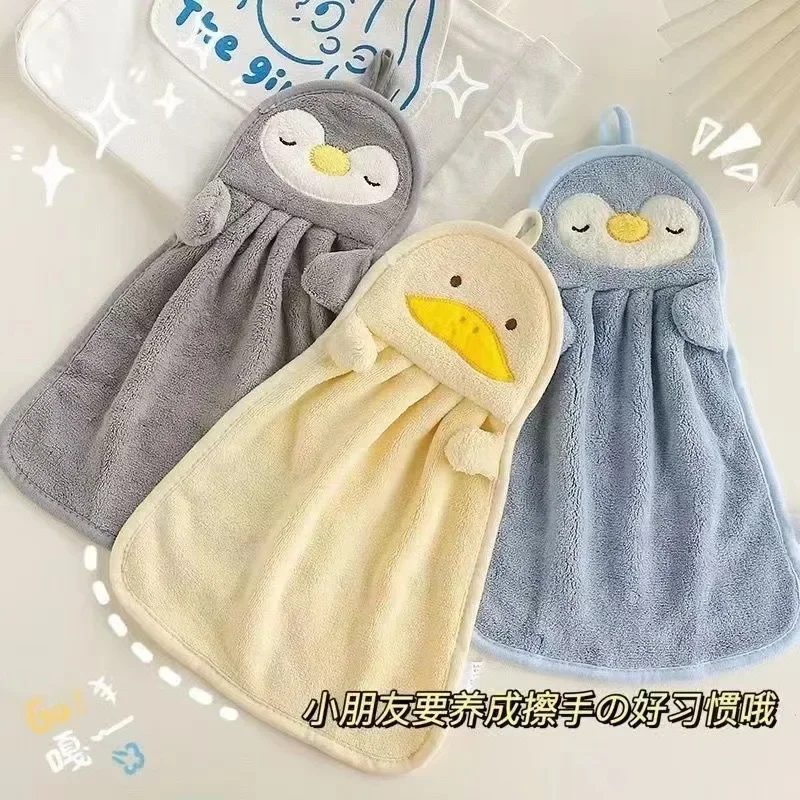 Baby Hand Towel Can Hang Absorbent Towel Cute Penguin Skin-friendly and Soft for Children Towels Coral Velvet Hand Towels