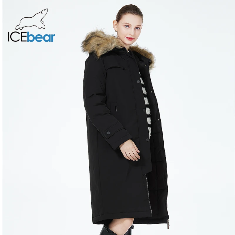 ICEbear 2023 Winter Women Jacket Long Elegant Cotton Parka with Fake Fur Trim Women\'s Thickened Warm Coat GWD22596-2D