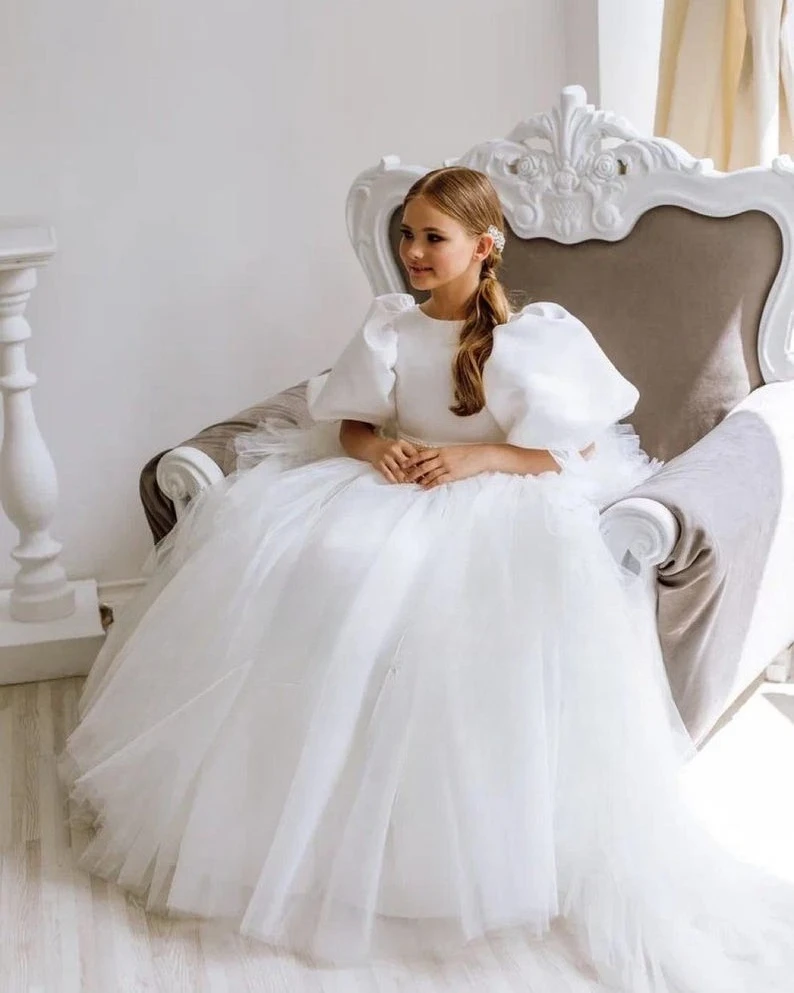 Атласное платье-пачка принцессы для девочек-цветочниц, фатиновое платье цвета слоновой кости со шлейфом, бальное платье для девочек, платья для вечеринок и свадеб