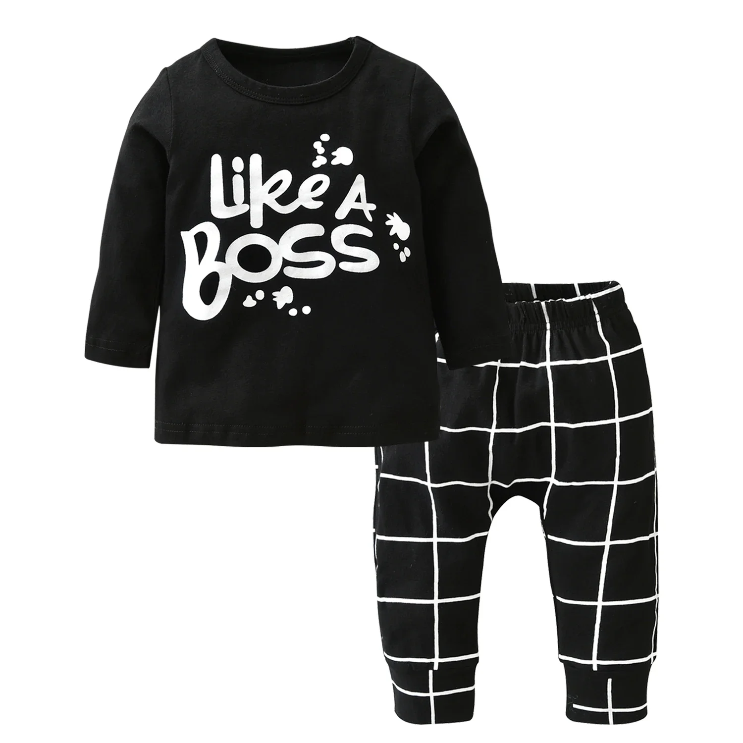 Spring Autumn New Toddler Baby Boys Fashion Clothes Set 2PCS Letters Printed Long-sleeved Top + Plaid Pants Newborn Outfit