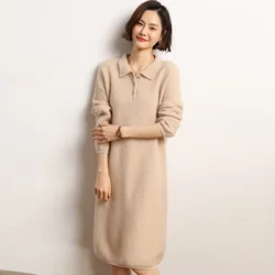 High-end New 100% Pure Cashmere Long Sweater Dress Women Fashion Knitted Dresses Female Loose Turn-down Collar Elastic Pullover