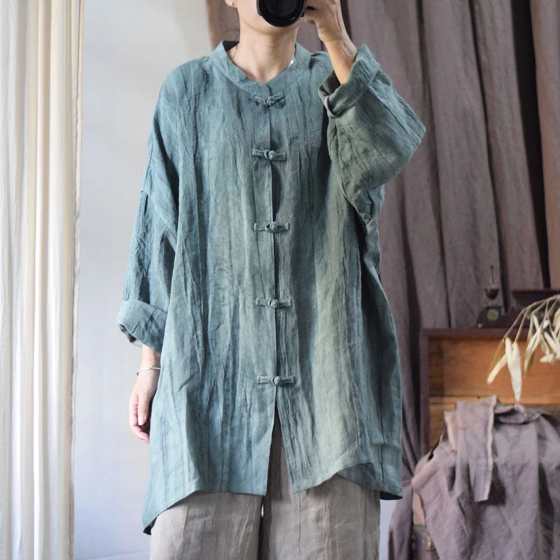 

Chinese Style Women Casual Linen Shirt New Arrival 2025 Spring Vintage Stand Collar Loose Female Long Tops Shirts M1458