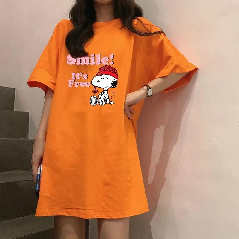 Kawaii Snoopy Cartoon Cute Nightgown Summer Mid Length Loose Women's Casual Home Furnishing Gift for Girlfriend