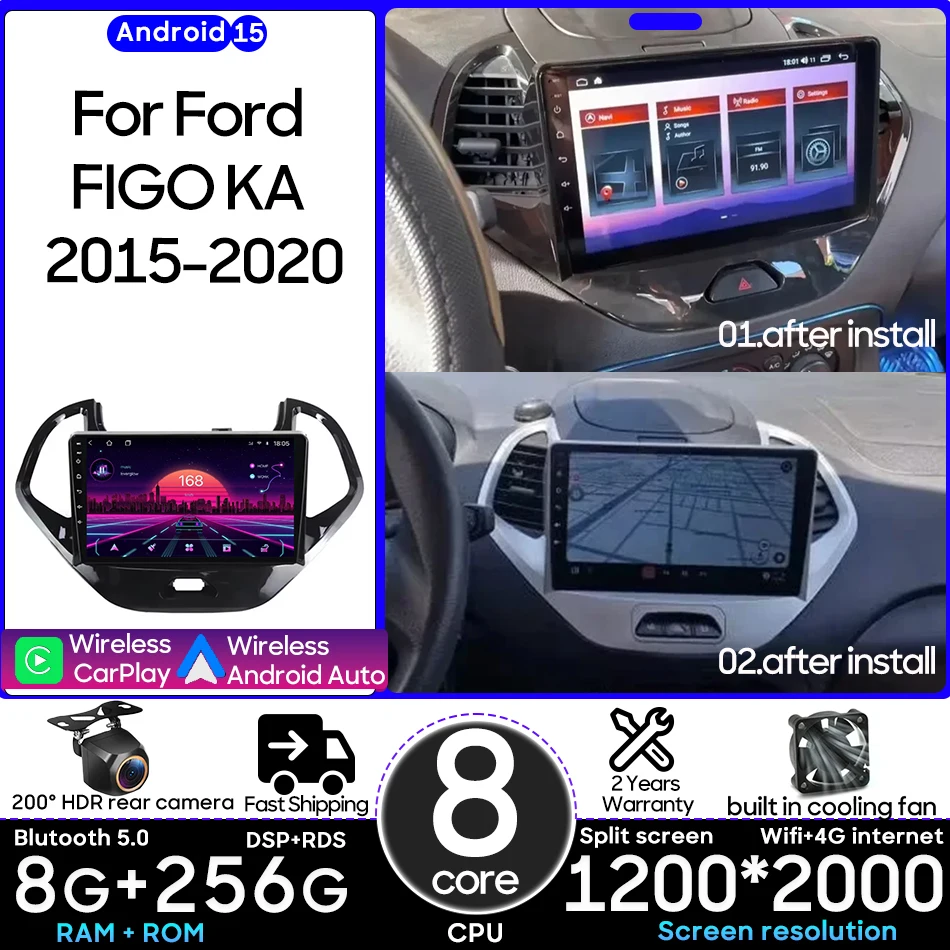 

Android 15 For Ford FIGO KA 2015 - 2020 Car Multimedia Player Head Unit Carplay Auto Radio Stereo Video Navigation GPS 2din DSP