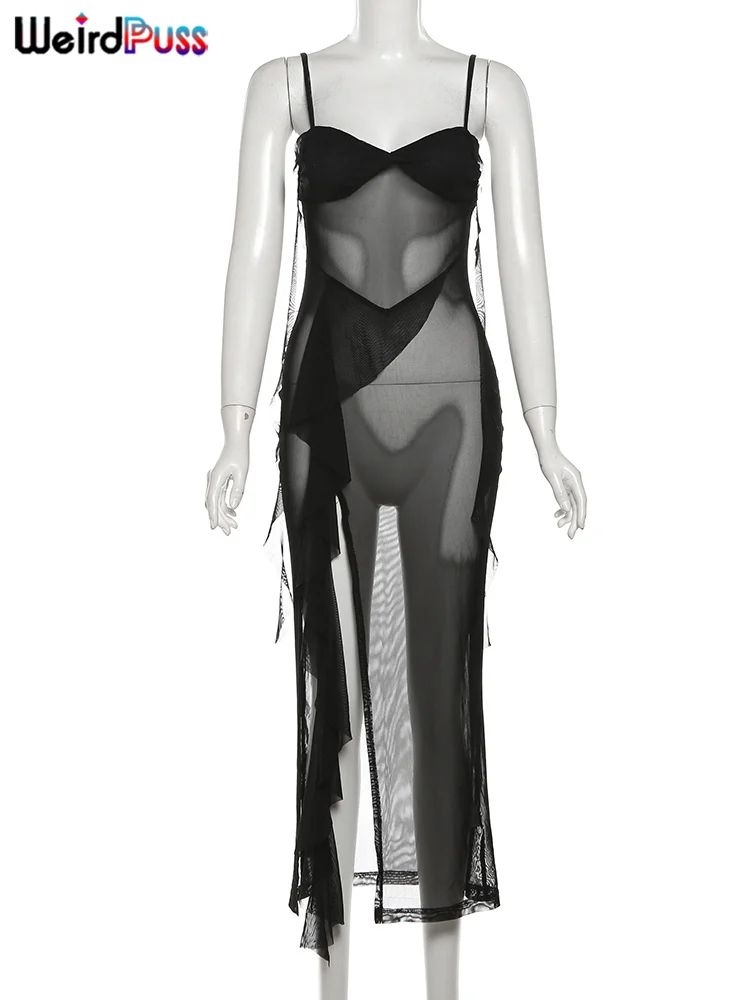 이상한 고양이 시스루 원피스, 섹시한 스파게티 스트랩 패치워크, 불규칙한 술 스플릿 수영복, 비치 스키니 베스티도, 여름