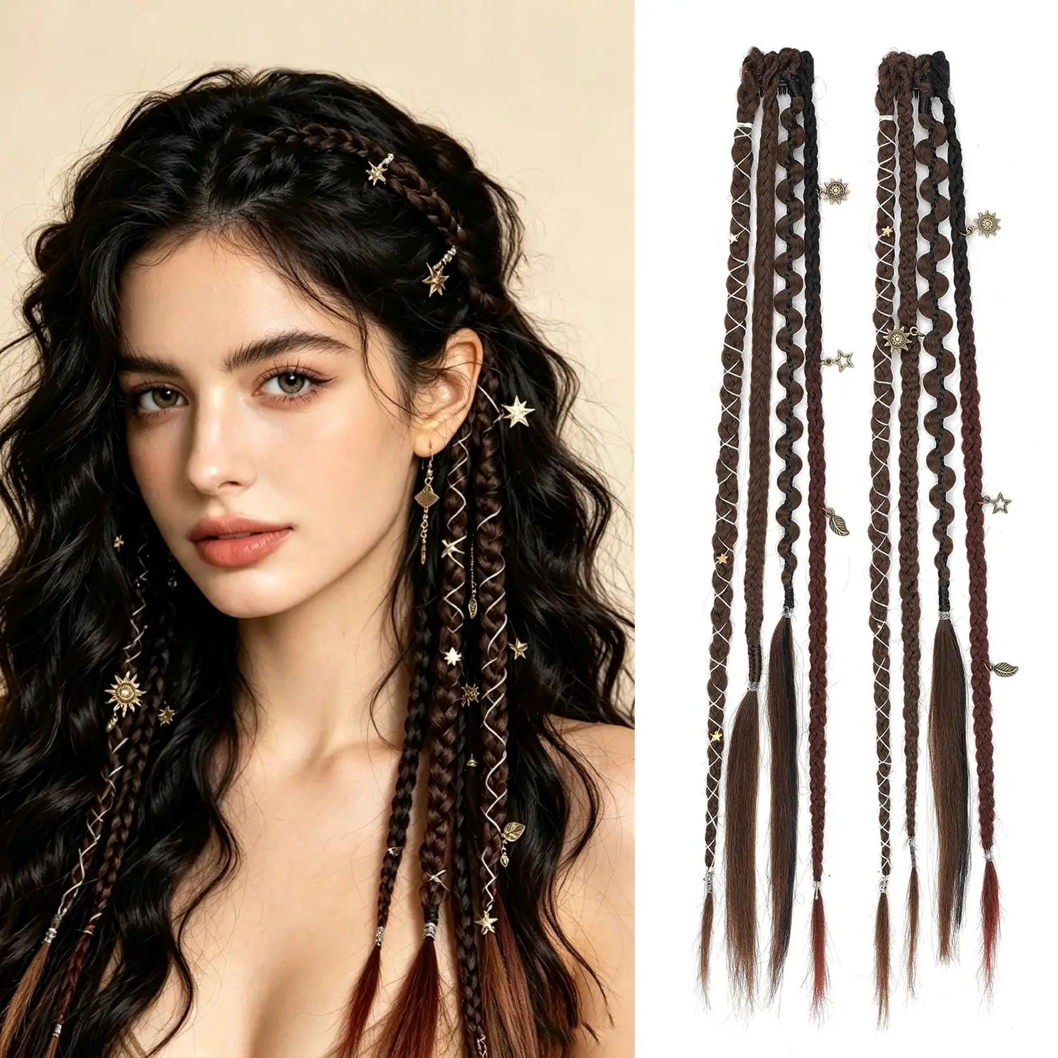 Bohemia Clip in Hair Extensions Fairy Hairpieces Synthetic Handmade Weaving Hair for Girls Party Halloween Christmas Festival