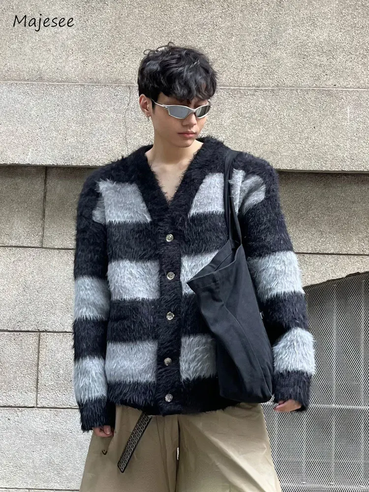 

Striped Cardigan Men Single Breasted Temperament Simple Handsome High Street Panelled Hipster Spring Autumn Advanced Popular