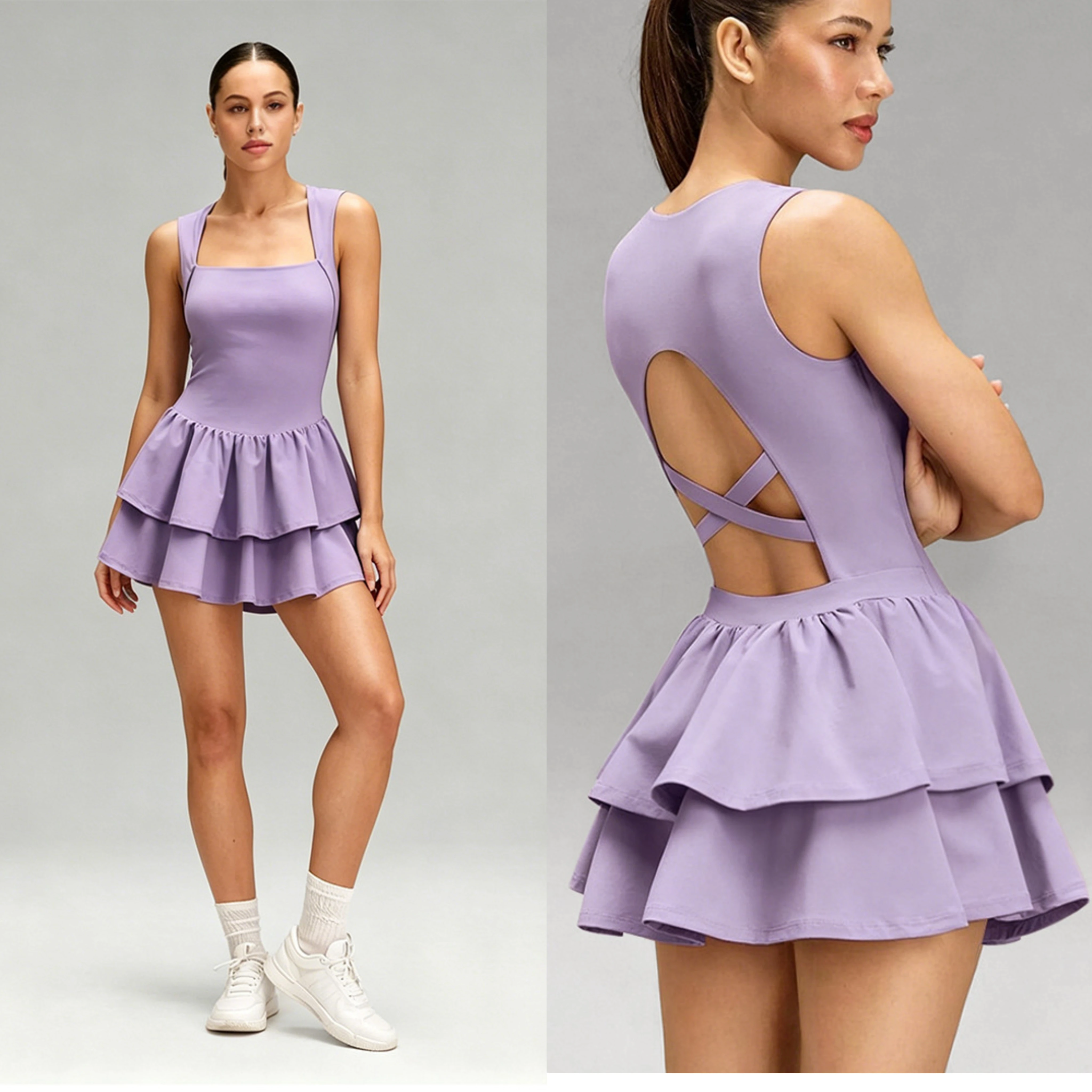 SharpStar Trendy Cross Back Sports Dress Anti-Exposure Tennis Dress Ruffle Casual Dress Quick Dry Pickleball Dress With Shorts