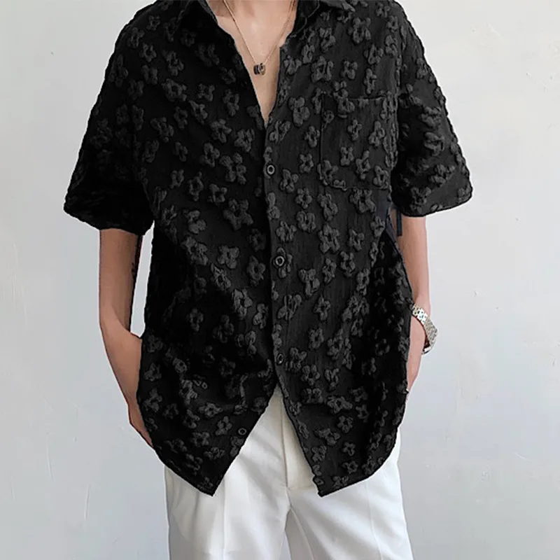 Summer Men\'s Clothing Luxury Jacquard Oversized Shirt Leisure Lapel Solid Color Short Sleeve Button-down Korean Popular Clothes