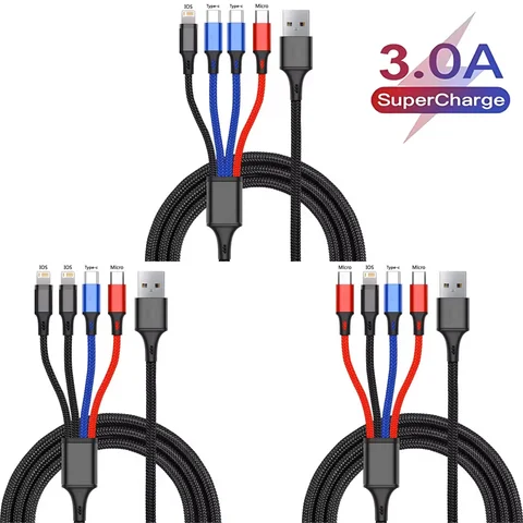 3-In-1 / 4-In-1  USB Cable Type C Usb Micro For iphone Samsung Huawei Xiaomi Multi Port Multiple Charging Wire