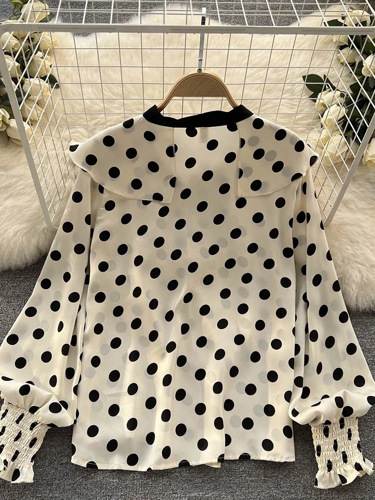 Spring French Polka Dot Blouse Design Sense Ruffled Slim Sweet Streamer Age-reducing All-match Chiffon Shirt Tops Female D0352