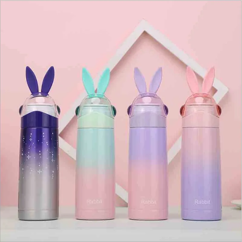 Cute Bunny Ear Insulated Water Bottle Gradient Color 304 Stainless Steel Vacuum Flask Portable Leak-Proof Travel Mug For Girls