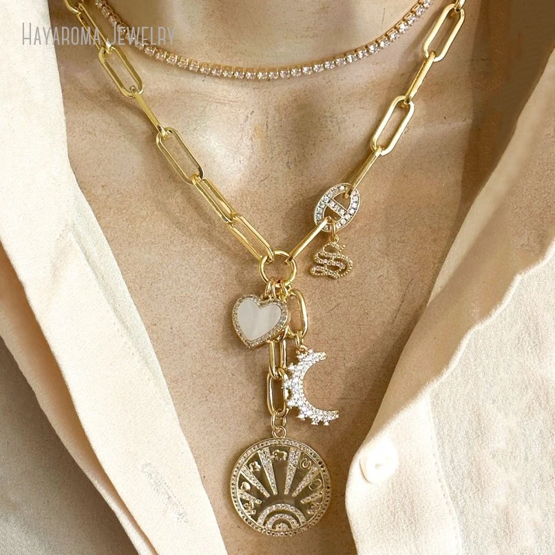

10Pcs Protection Talisman Luck Symbol Charm Mother of Pearl Heart CZ Crescent Moon Stainless Steel Necklace