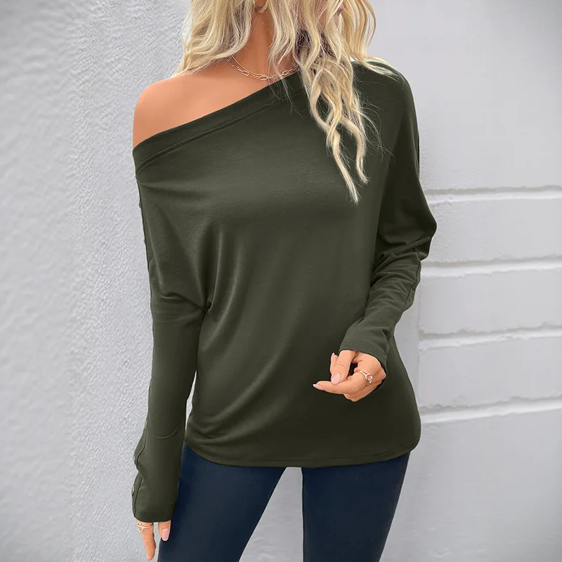 

Tops Women Oblique Shoulder Full Sleeve Solid Casual Work Tees Y2k Streetwear Regular Elegant Splice Top Autumn Winter 2025