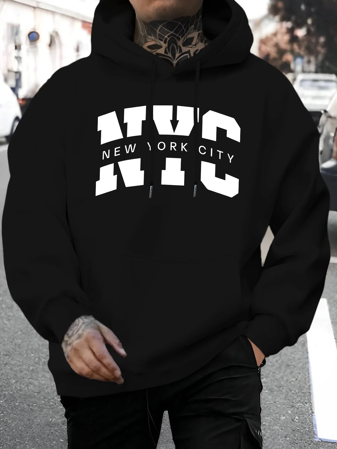 Men Retro College Style City Text Hoodie Casual Urban Hip‑Hop Oversized Pullover Loose Autumn Winter Fleece Lined Sweatshirt