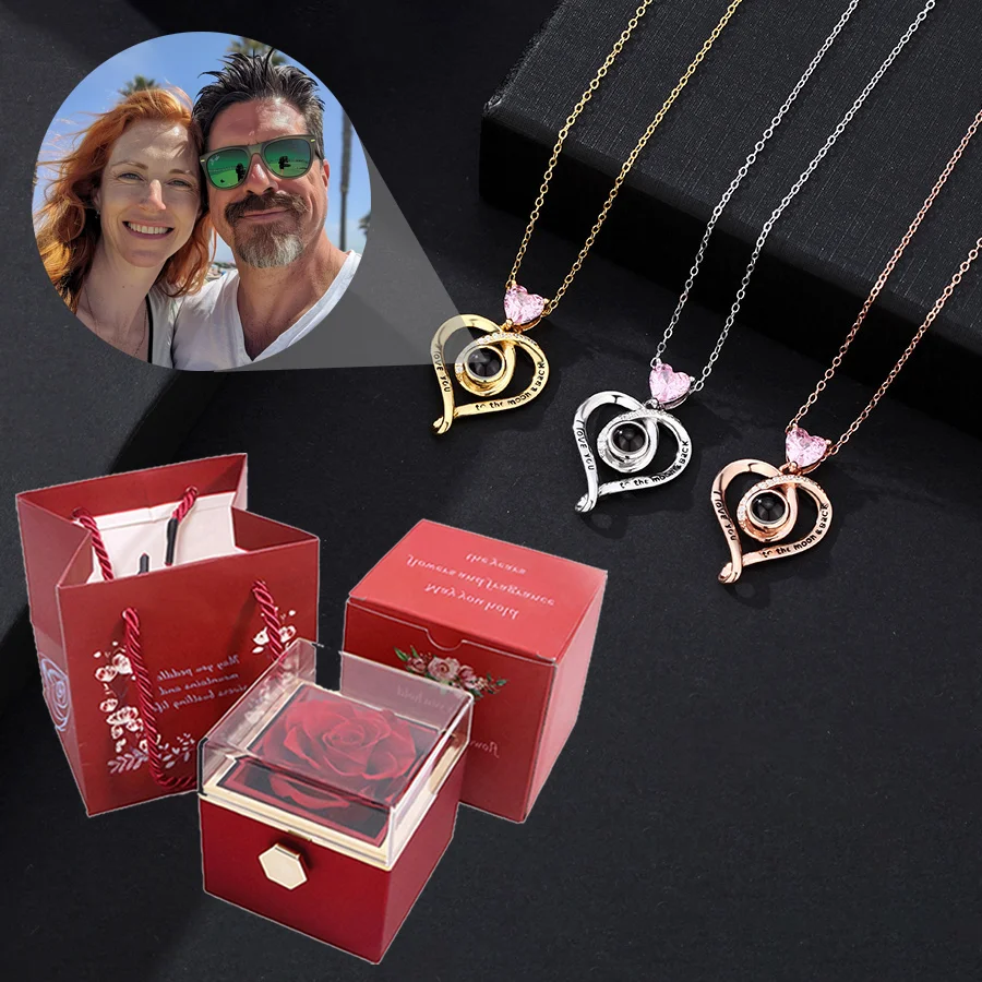 

Цветное фотопроекционное ожерелье на заказ с вращающейся розой, подарочная коробка, изысканная цепочка из нержавеющей стали, романтическая новинка на День святого Валентина