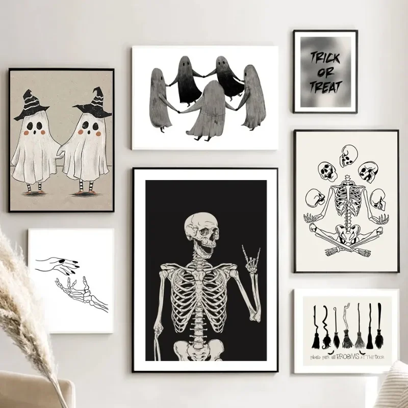 Nordic Simple Wall Art Halloween Skull Witch, HD Canvas Print Poster, Home Living Room Bedroom Decorative 