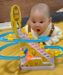 Pato elétrico escalada escadas brinquedo crianças montanha russa conjunto de luz elétrica música diversão subir escadas pista brinquedo para o bebê